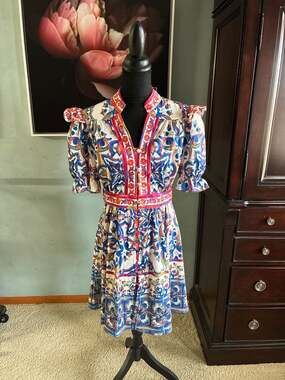 Lai Meng Five Cats Ornate Floral Print Button-Down Midi Dress Size M A424